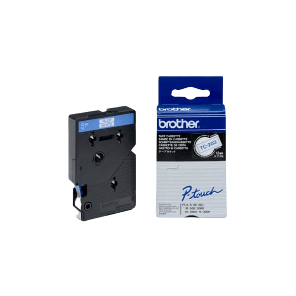 Brother TC203 Blå tekst / Hvid tape 12 mm x 7,7 m Printerpatron - Original