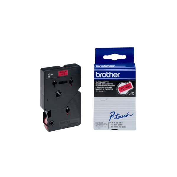 Brother TC401 Sort tekst / Rød tape 12 mm x 7,7 m Printerpatron - Original