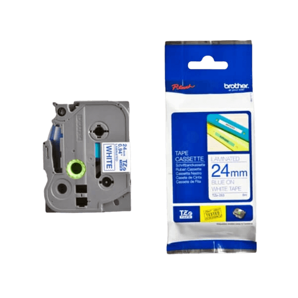 Brother TZe253 Blå tekst / Hvid tape 24 mm x 8 m Printerpatron - Original