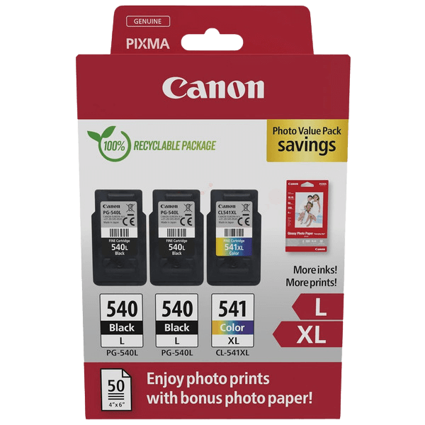 5224B015 Canon 2x PG-540L + CL-541XL + Papir CMYK XL Printerpatron - 2x 11 + 15 ml. - Original