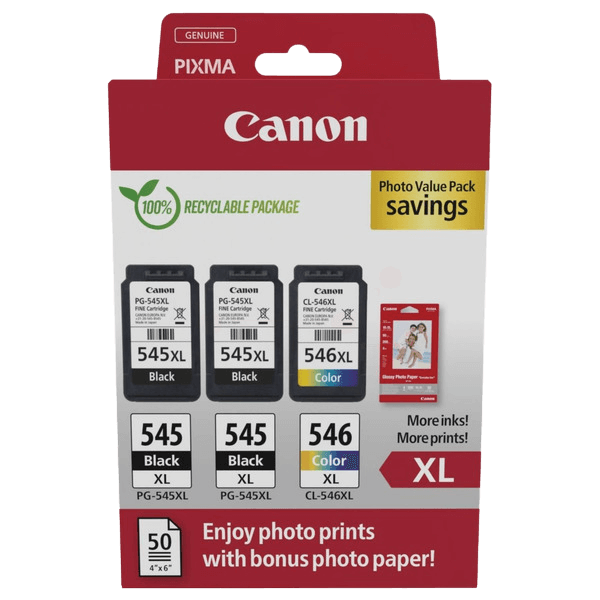 8286B015 Canon 2x PG-545XL + CL-546XL + Papir CMYK XL Printerpatron - 2x 15 + 13 ml. - Original