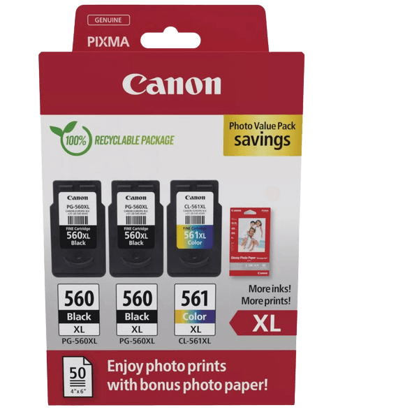 3712C012 Canon 2x PG-560XL + CL-561XL + Papir CMYK XL Printerpatron - 2x 14,3 + 12,2 ml. - Original