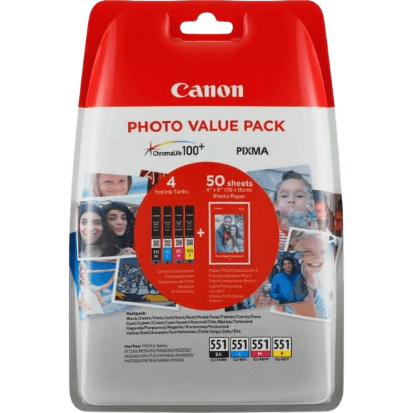 6508B005 Canon CLI-551 CMYK Printerpatron - 11 + 4x 7 ml. - Original