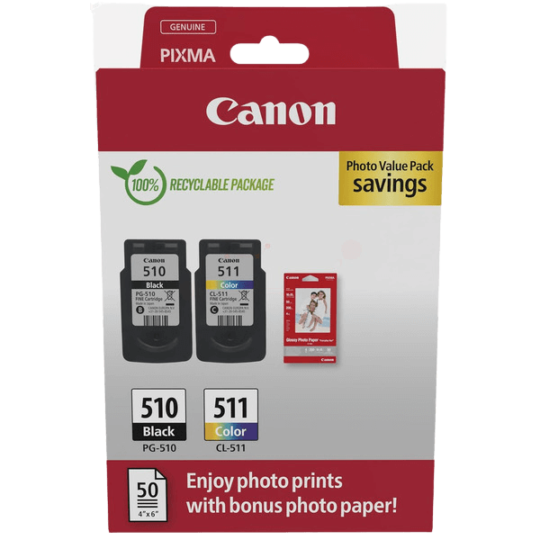 2970B017 Canon PG-510 + CL-511 + Papir CMYK Printerpatron - 9 + 9 ml. - Original