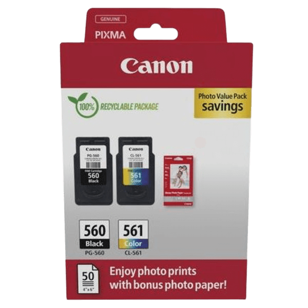 3713C008 Canon PG-560 + CL-561 + Papir CMYK Printerpatron - 7,5 + 8,3 ml. - Original