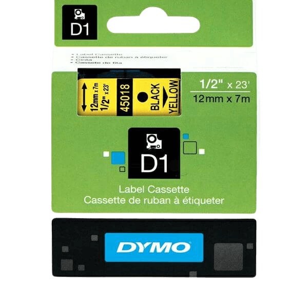S0720580 Dymo D1 45018 Sort tekst / Gul tape 12 mm x 7 m Printerpatron - Original