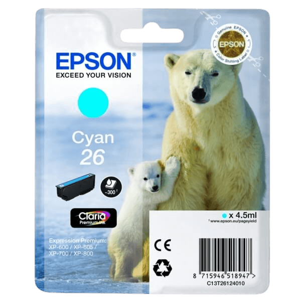 C13T26124012 Epson 26 cyan Printerpatron - 4,5 ml. - Original