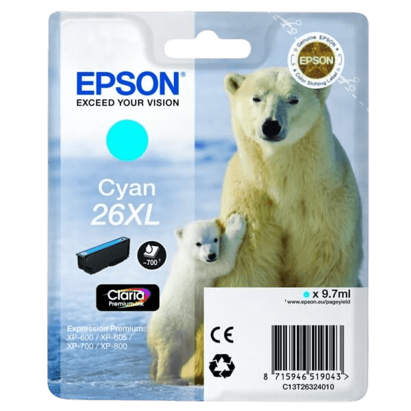 C13T26324012 Epson 26 cyan XL Printerpatron - 9,7 ml. - Original
