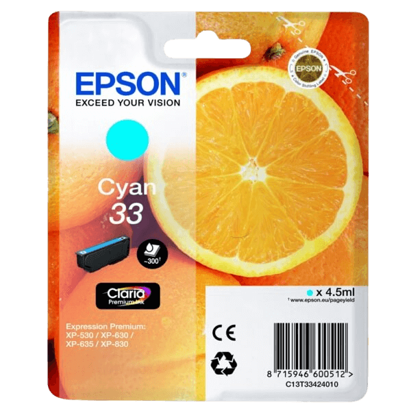 C13T33424012 Epson 33 cyan Printerpatron - 4,5 ml. - Original