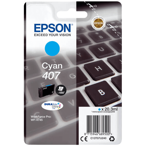 C13T07U240 Epson 407 cyan Printerpatron - 20,3 ml. - Original